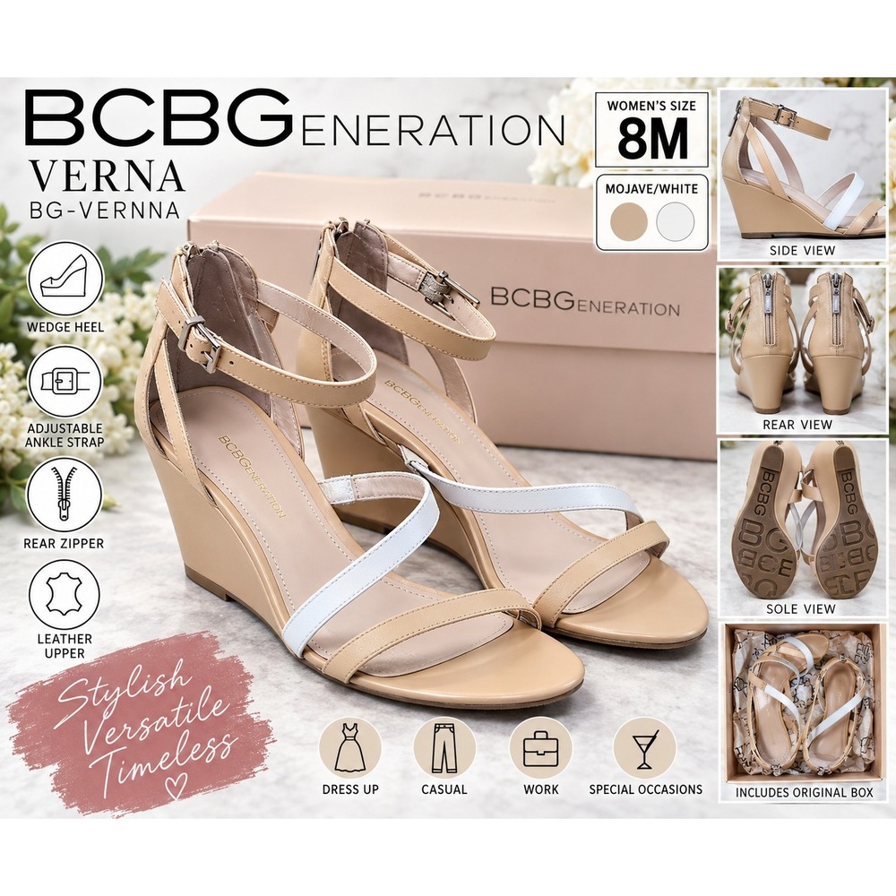BCBGeneration Verna Mojave White Leather Wedge Sandals BG-VERNNA Womens 8M
